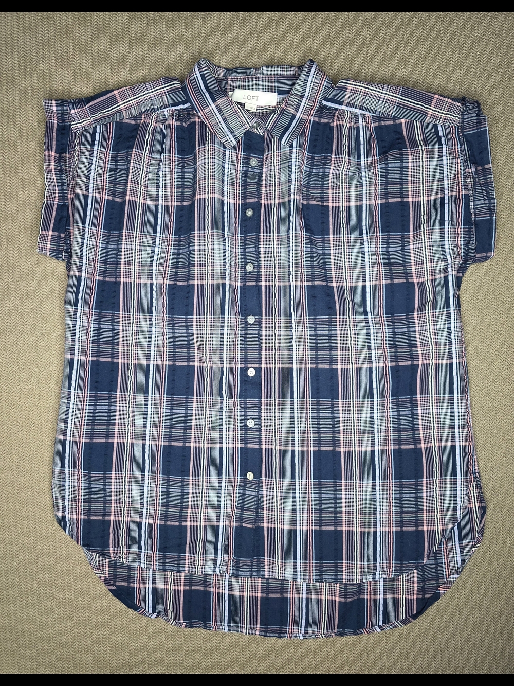 LOFT Navy, Pink & Light Blue Plaid Button-Front Shirt